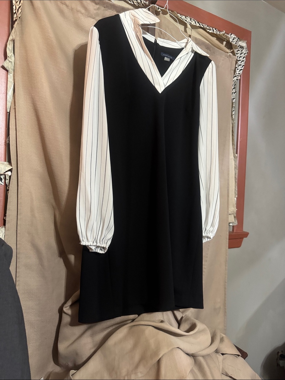 Tommy Hilfiger Black Shift Dress with Ivory Pinstripe Long Sleeves 102